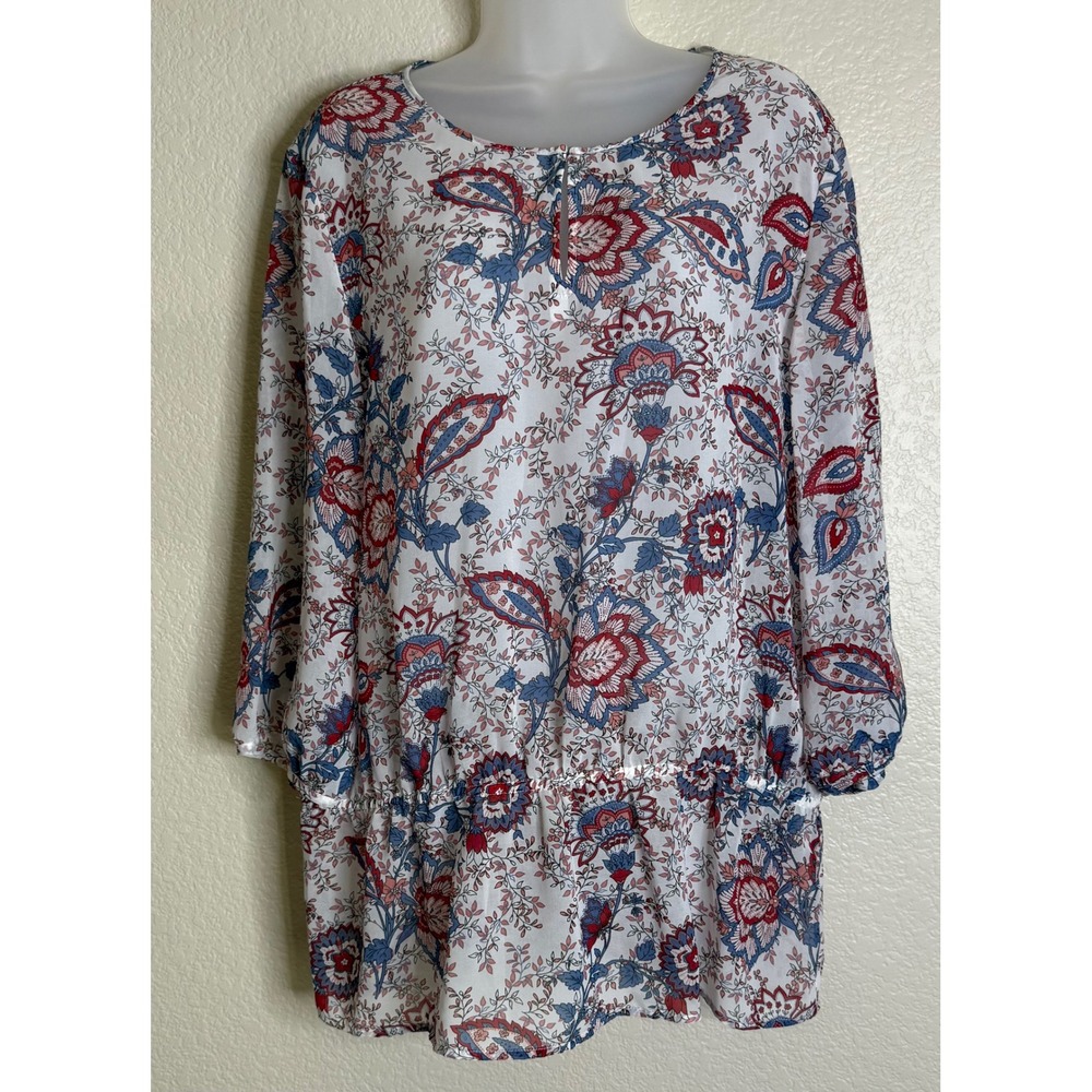 Chicos 2‎ US Med Blouse White Floral Paisley Keyhole 3/4 Sleeve Drop Waist Top
